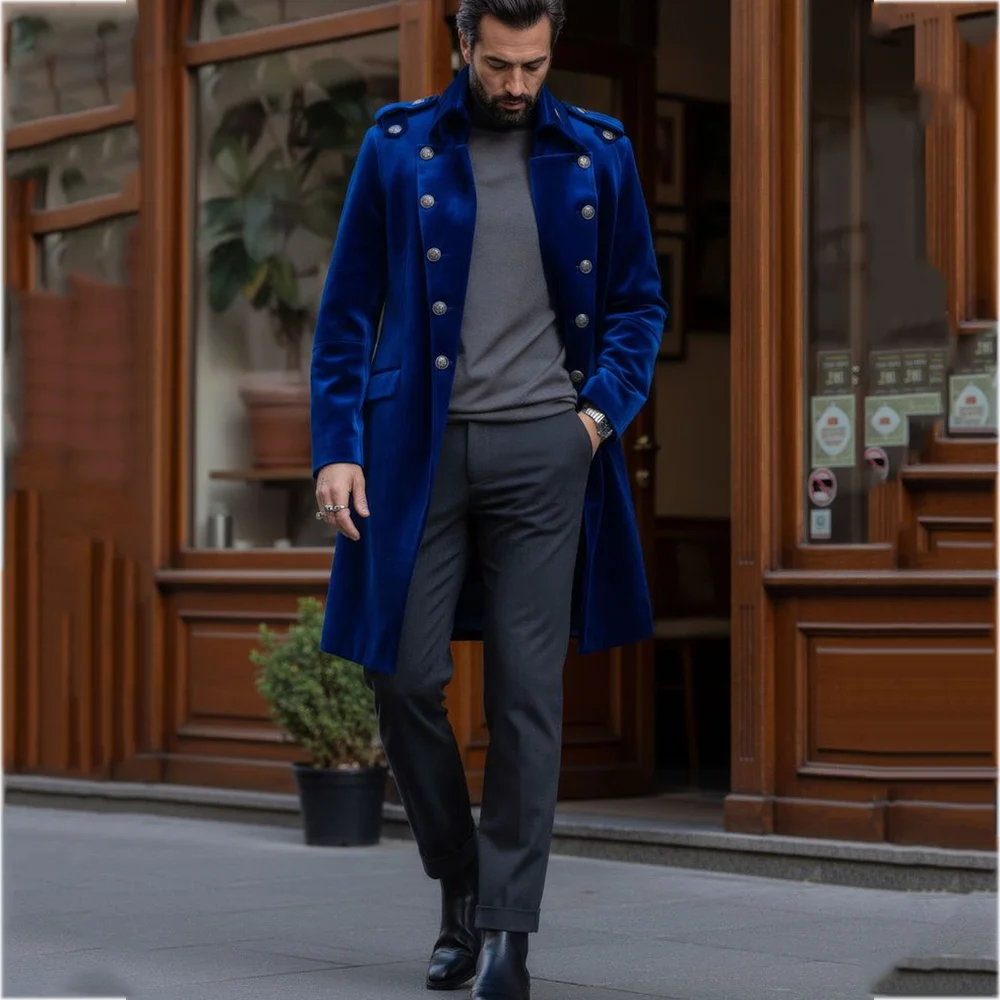 

Royal Blue Velvet Suit Jacket For Men Casual Fashion Stand Lapel Straight England Style Wedding Blazer Long Coat One Piece