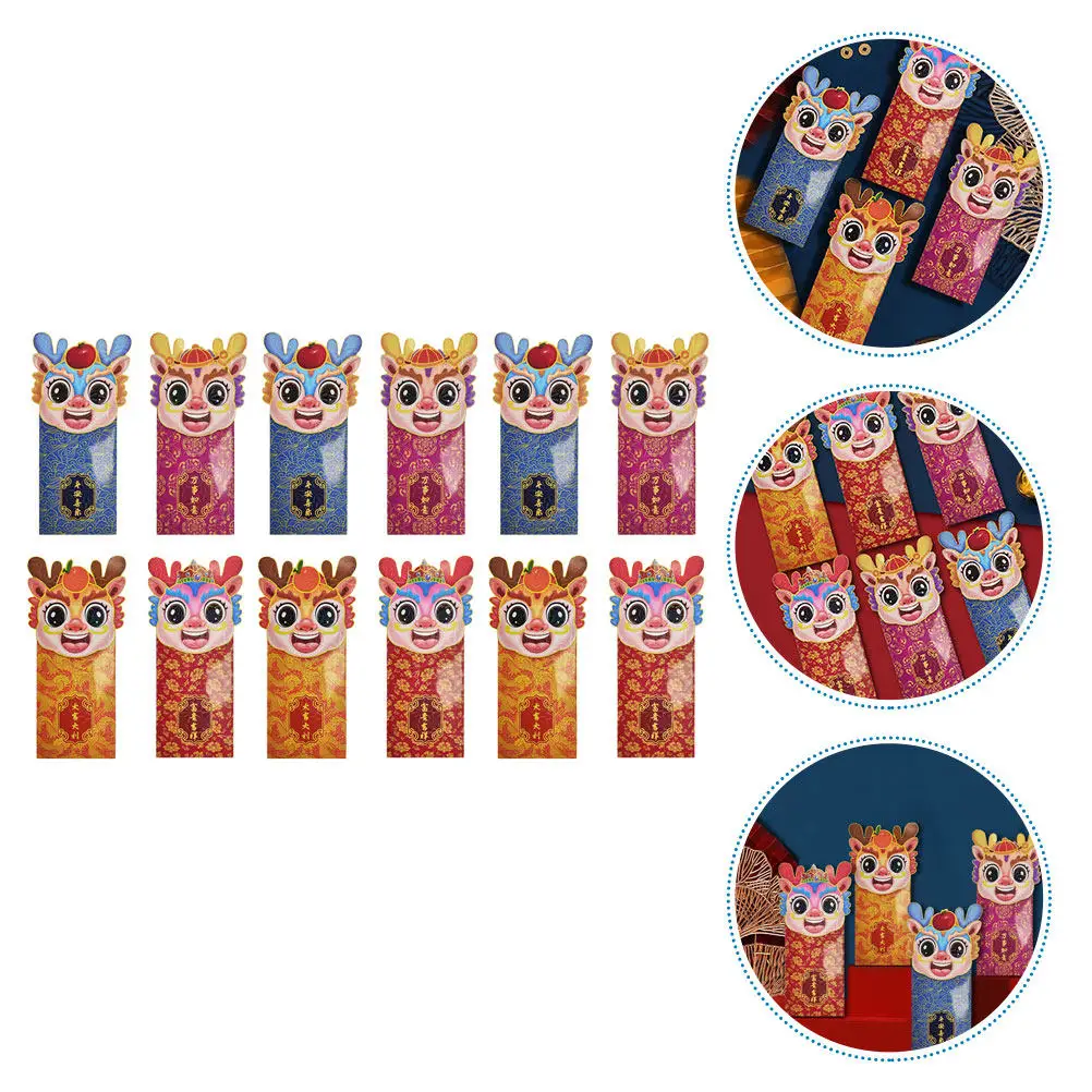 

12Pcs Dragon Red Envelopes Cartoon Paper Lucky Money Bags Chinese New Year Festival Red Packets Lunar New Year 2024 Gifts
