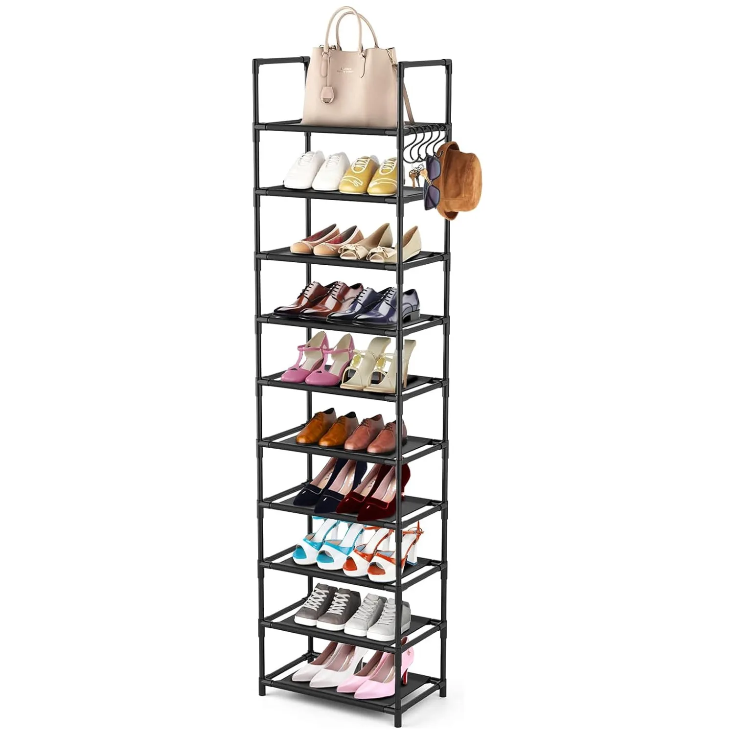 AOLIVIYA Door Entrance Shoe Rack Hallway Cabinet Iron 10 Tier Black Single Row Stand