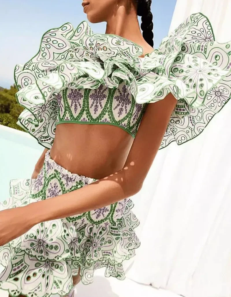 Boho Green Flora Embroidery Two Piece Sets Women Ruffles Summer Vacation Skirt Sets Ladies Runway Design Party Clothing