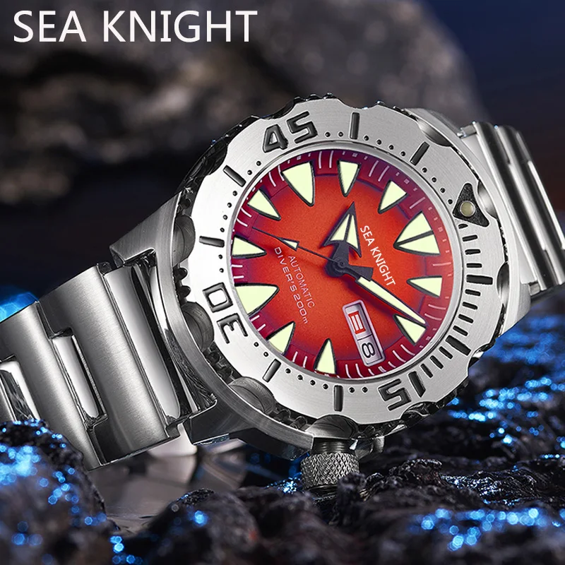 

Sea knight Luminous 42mm 200M Diving AR Sapphire Crystal Monster Orange Dial NH36A Mens Automatic Watch 3.8 o'clock Day Rubber