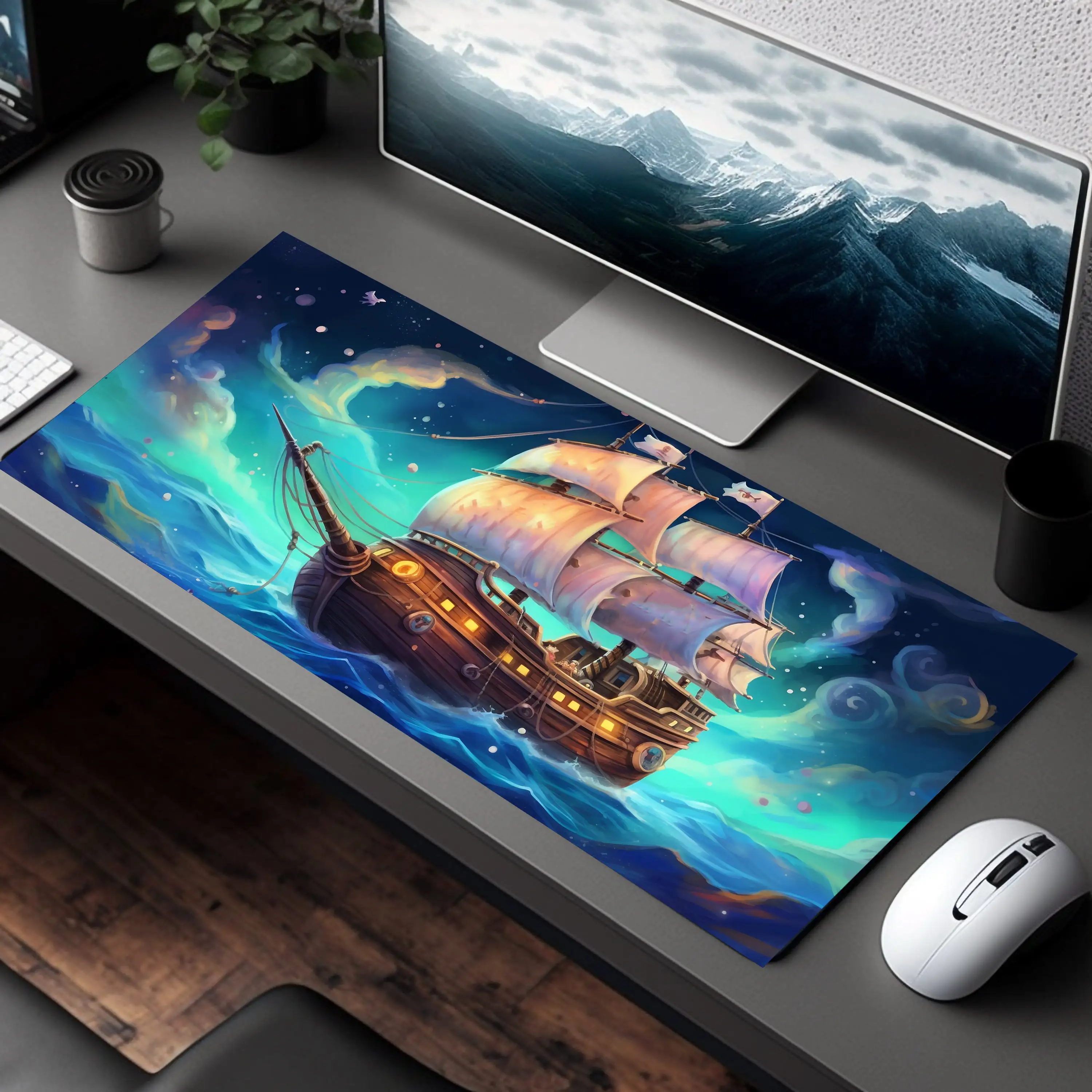 Anime Pirate Ship mousepad, Manga Style Art,Open Seas Adventure,Turquoise skies and ethereal clouds,Large Nautical Mouse Pad