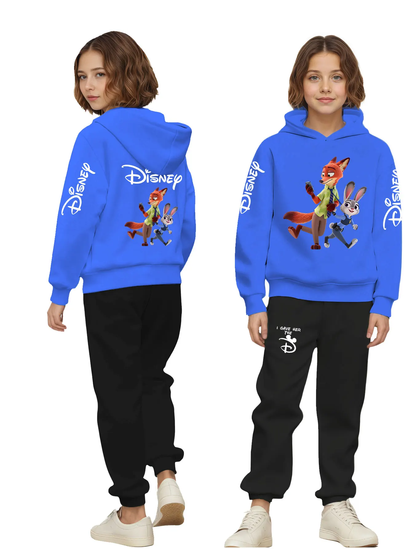 Dwuczęściowy zestaw: bluza z kapturem i spodnie dresowe z nadrukiem z kreskówki Disney Zootopia, jesienne, codzienne, urocze, luźne dla chłopców i dziewcząt.
