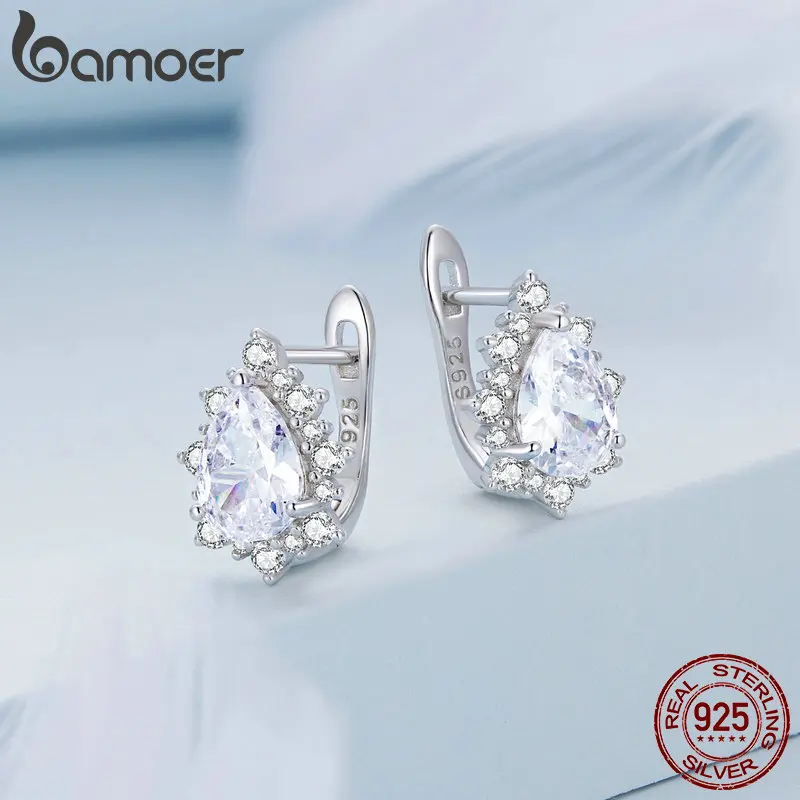 Bamoer 925 Sterling Silver Pavé Sparkling CZ Exquisite Water-Drop  Zircon Ear Buckles for Women Luxurious Hoop Earrings Jewelry