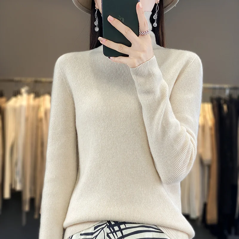 Women Australian Wool Pullover Fashion Seamless Sweater High Neck Long Sleeve Vertical slim fit style High Quality Basic tops