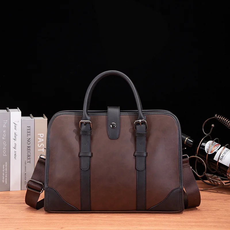 Men Leather New Trendy Business Office Handbag Document Bag Men's Retro Single Shoulder Crossbody Briefcase Messenger Bag