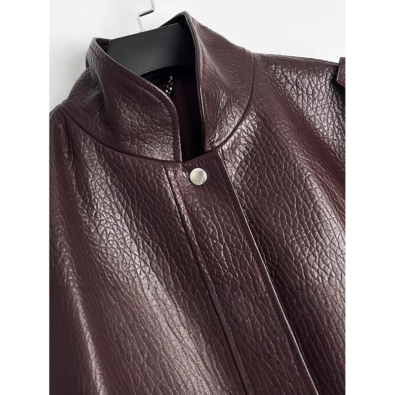 Leder Mantel Frühling Herbst Frauen Kleine Stehkragen Tasche Lose Importiert Neuseeland Schaum Haut Schaffell Chaqueta Ecocuero Burdeo