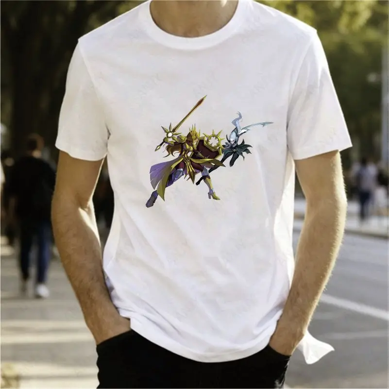 Light and Dark Twin Knights Anime Print Short Sleeve T-Shirt - Golden Shield Warrior Dark Assassin Gaming Character Unisex Top