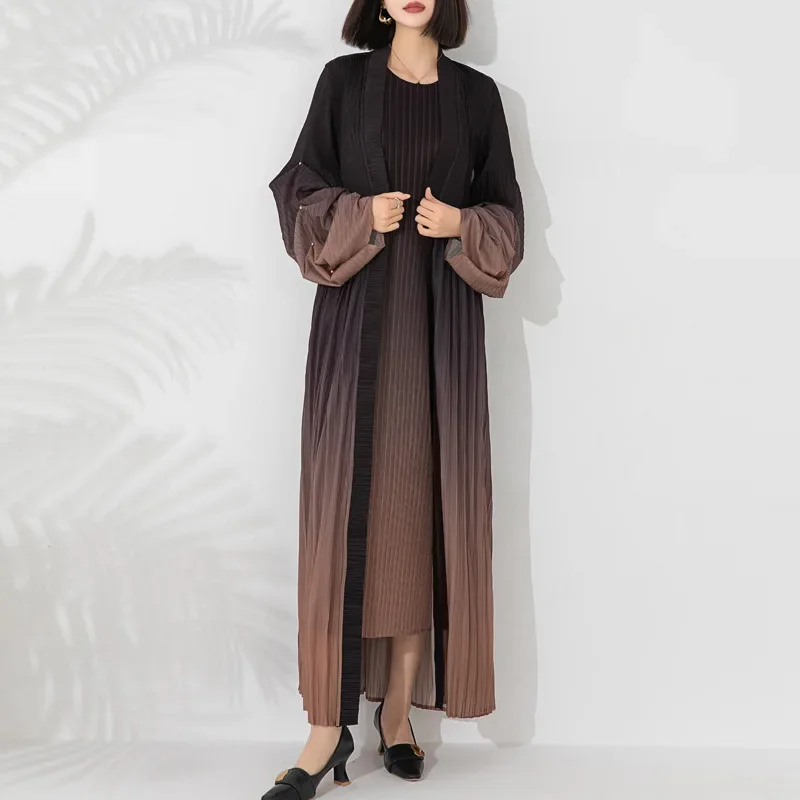 

Miyake Pleated Fashion Suit for Women 2024 Gradient Printed Lantern Sleeve Long Outer Shawl Inner Dress Two-piece Set