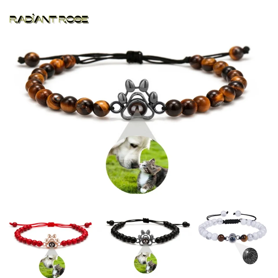 Pulsera de proyección de foto personalizada con cuentas, foto personalizada, pata de perro, collar de foto de Mascota, pawcolgante de gato, regalo conmemorativo