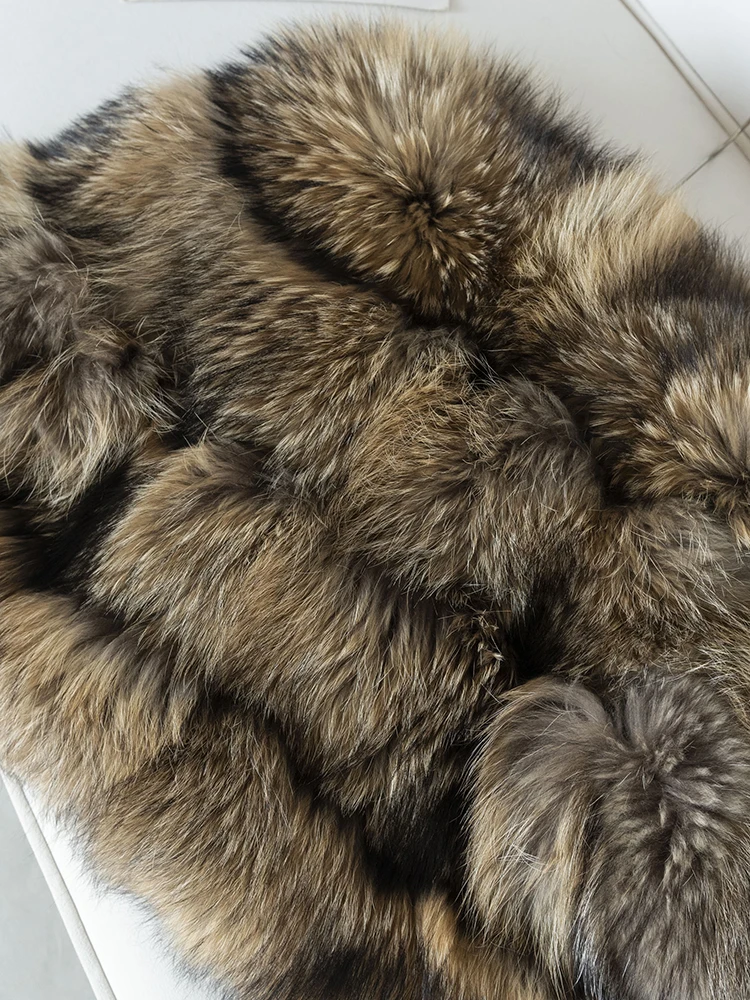 Winter Elegant Female Covered Button Thicken Keep Warm Raccoon Fur Coat Patchwork Genuine Leather Wide Waisted Fashion Women