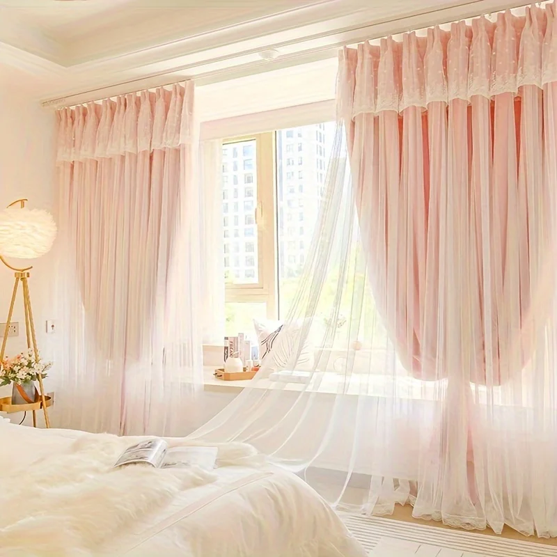 2 Pieces of French Princess-Style Girly Double-Layer Integrated Fabric-Voile Curtains for Living Rooms and Bedrooms