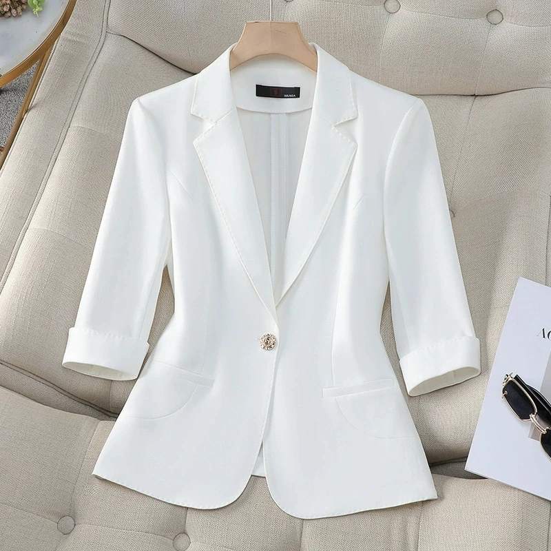 Spring Summer Women Blazers New Fashion Mesh Seven-Quarter Sleeve Thin Office Lady Suit Jacket White Yellow Light Blue Blazer