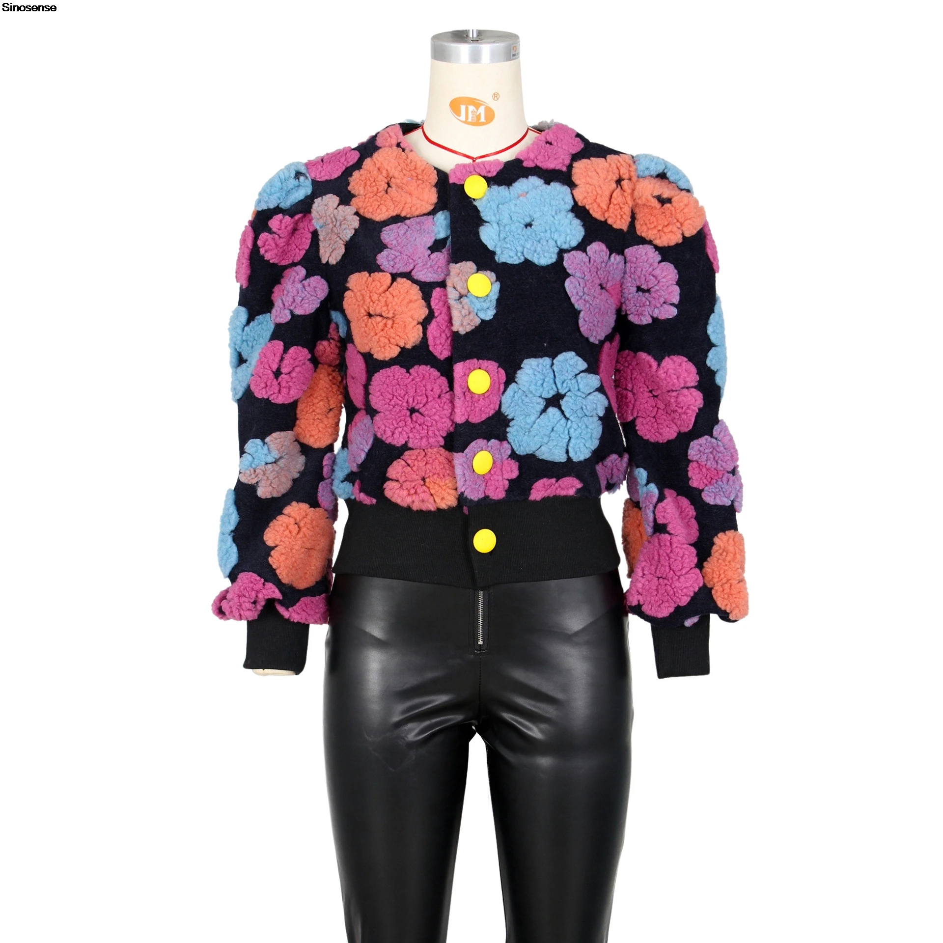 Women\'s Cropped Floral Print Jacket Long Sleeve Fleece Warm Bomber Jacket Lightweight Button Down Daily Wear Outerwear Coats