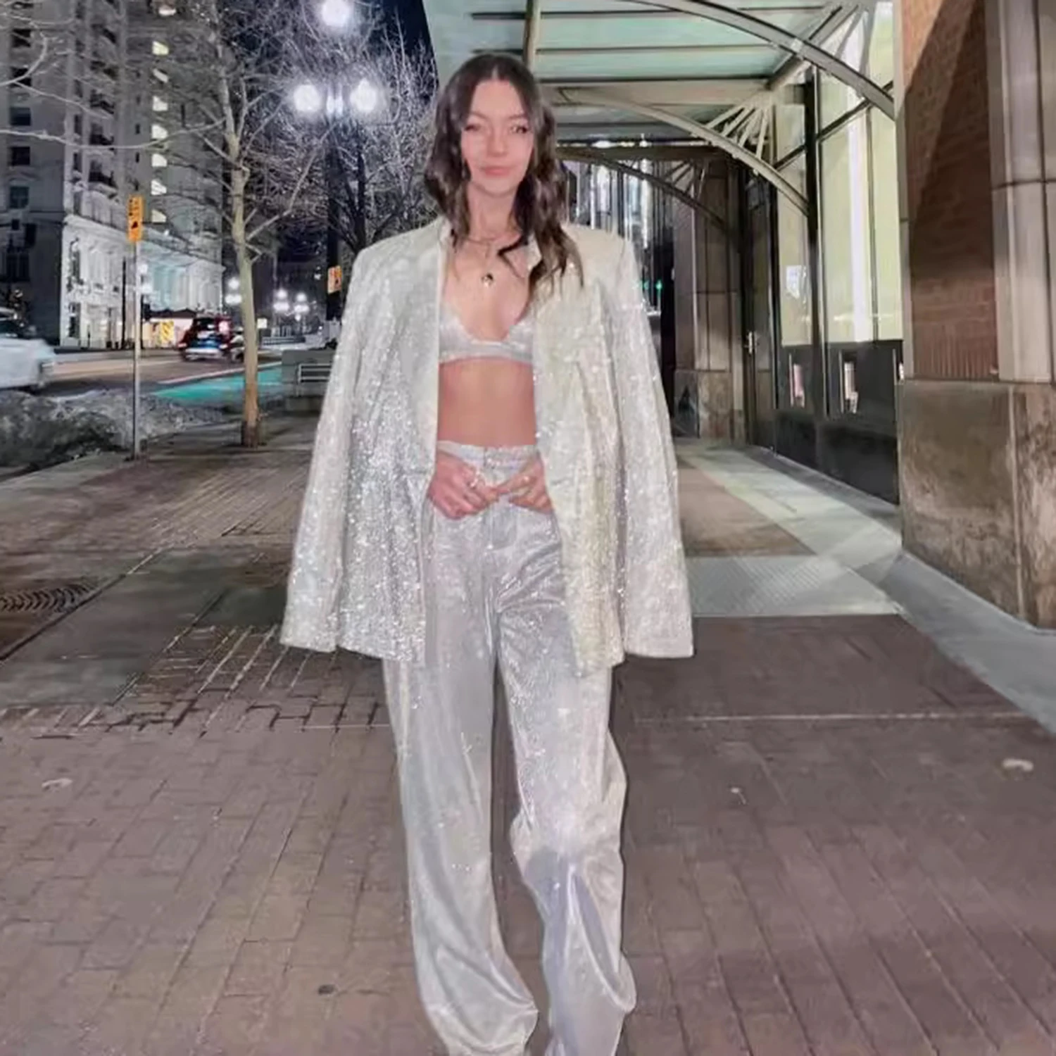 

Silver Sequins Women's 3 Piece Set Suit Banquet Blazer Casual Daily Cocktail Party Outfits Elegant Pantsuit Set Customize