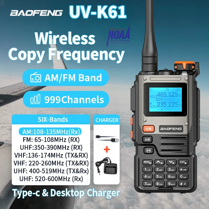 Baofeng UV-K61 워키토키, 무선 복사 주파수, 풀 밴드, 고출력, C 타입 AM FM 999CH, 장거리, 휴대용 양방향 라디오