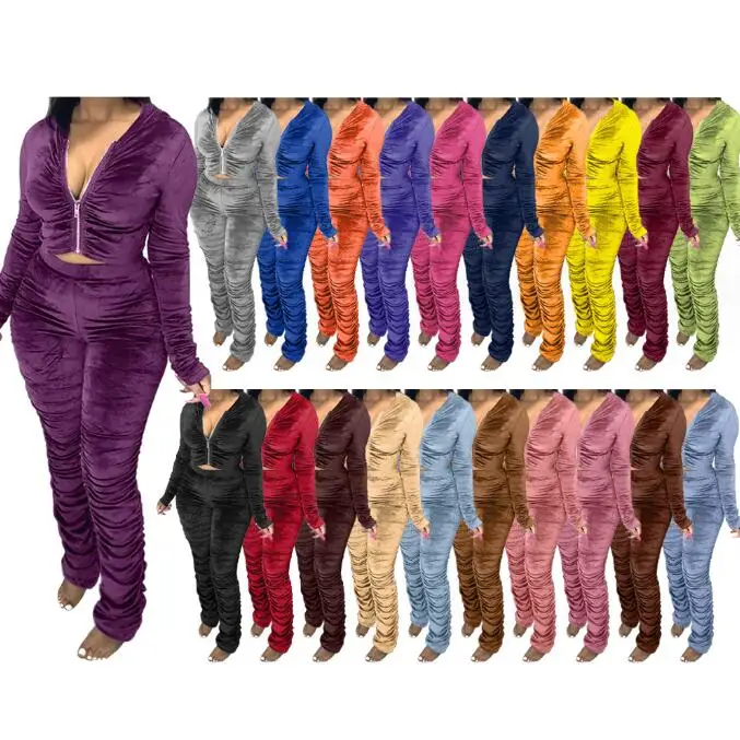 

NEW Autumn Winter Velvet Tracksuit Two Piece Set for Women Matching Sets Ruched Hoodies Jacket Stacked Pants Joggers Sweat Suits