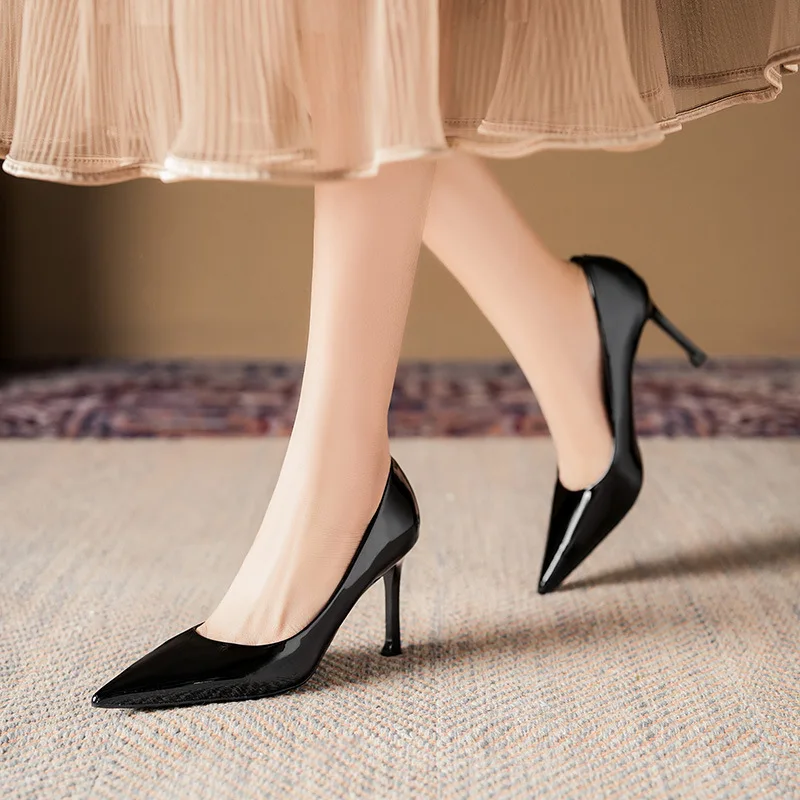 

Women's Nude/Beige/Black Patent Leather Pointed Toe Stiletto Heels Elegant Pumps for Office Wedding Party Q-014