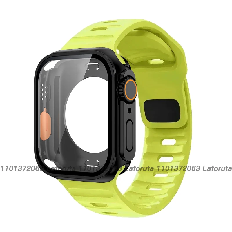 Correa de silicona + funda de cristal para Apple Watch Band 46mm 40 41 44 45 Protector de pantalla cambio a Ultra marco para iWatch 10 9 8 7 6 SE
