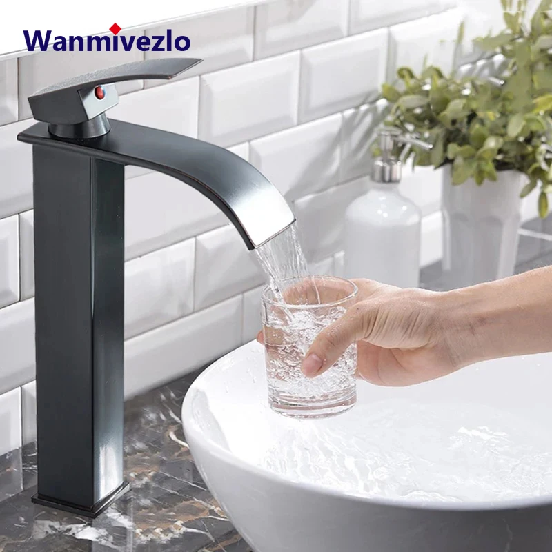 Matte Black Waterfall Bathroom Basin Faucet Above Counter Basin Deck Mounted Cold Hot Water Mixer Single Handle Single Hole Tap