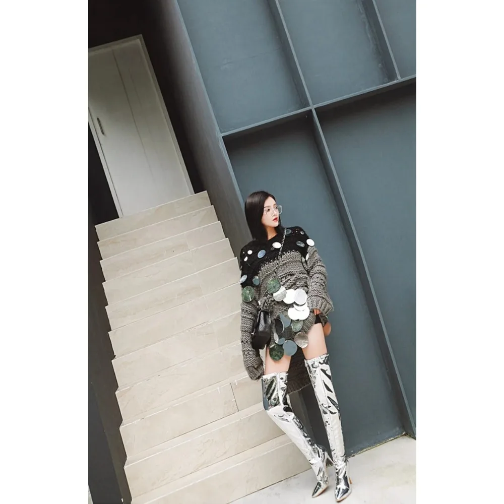 بوتاس موهير الفخذ أحذية عالية النساء مثير وأشار خنجر عالية الكعب براءات الاختراع والجلود نادي الحفلات سستة طويلة التمهيد حجم كبير 48 واط-17