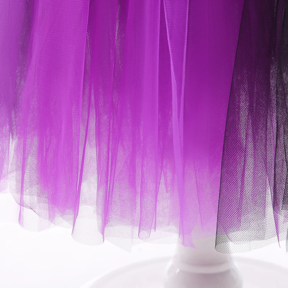 Schwarzes und Lila Hexenkostüm für Mädchen, Langes Tüllkleid mit Rüschen, Schulterfreies Maleficent-Cosplay-Outfit für Kinder zu Halloween und Karneval – Detail 13