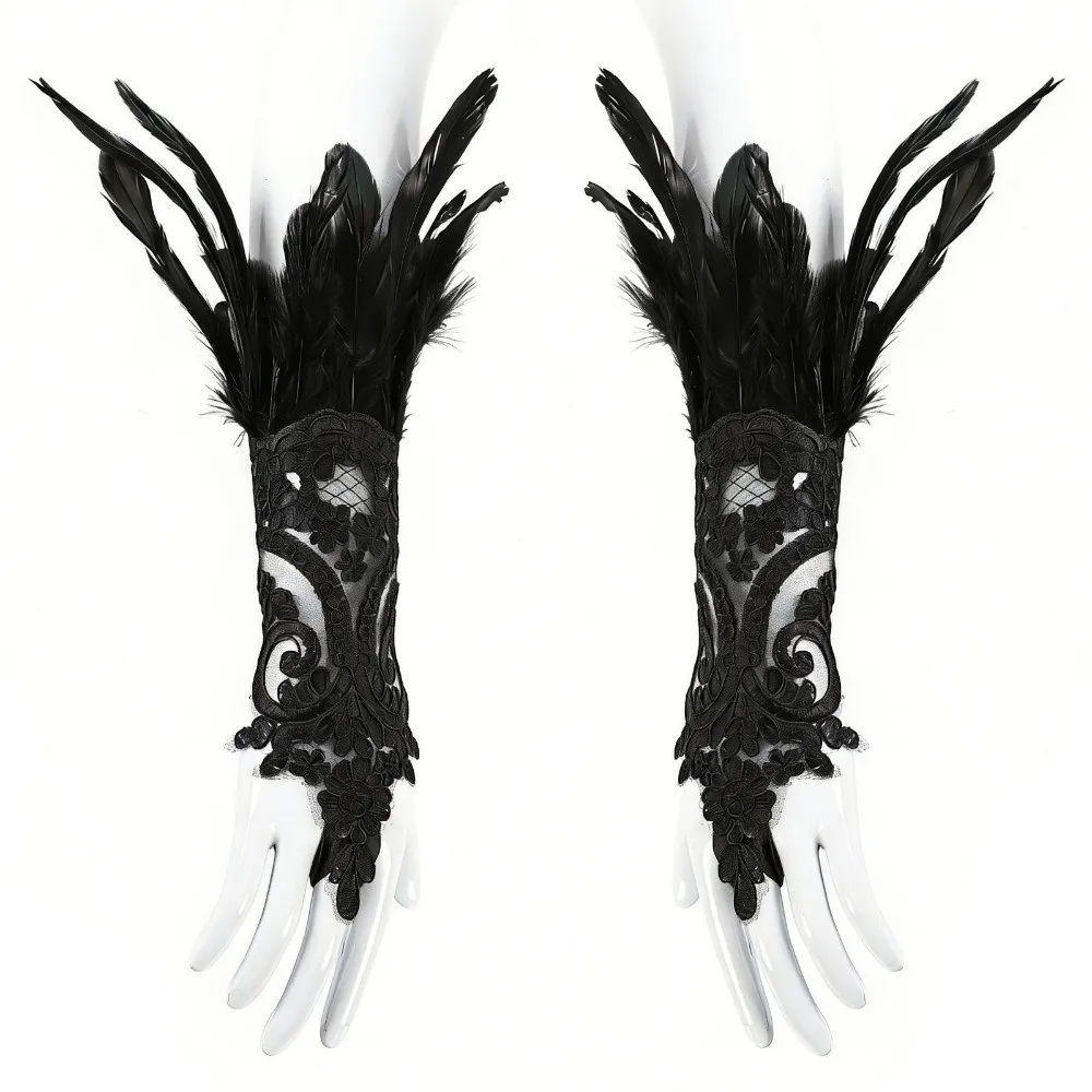 Fashion Witch Halloween Feather Gloves Lace Embroidery Halloween Feather Cuffs Dark Halloween Halloween Wristband Festival