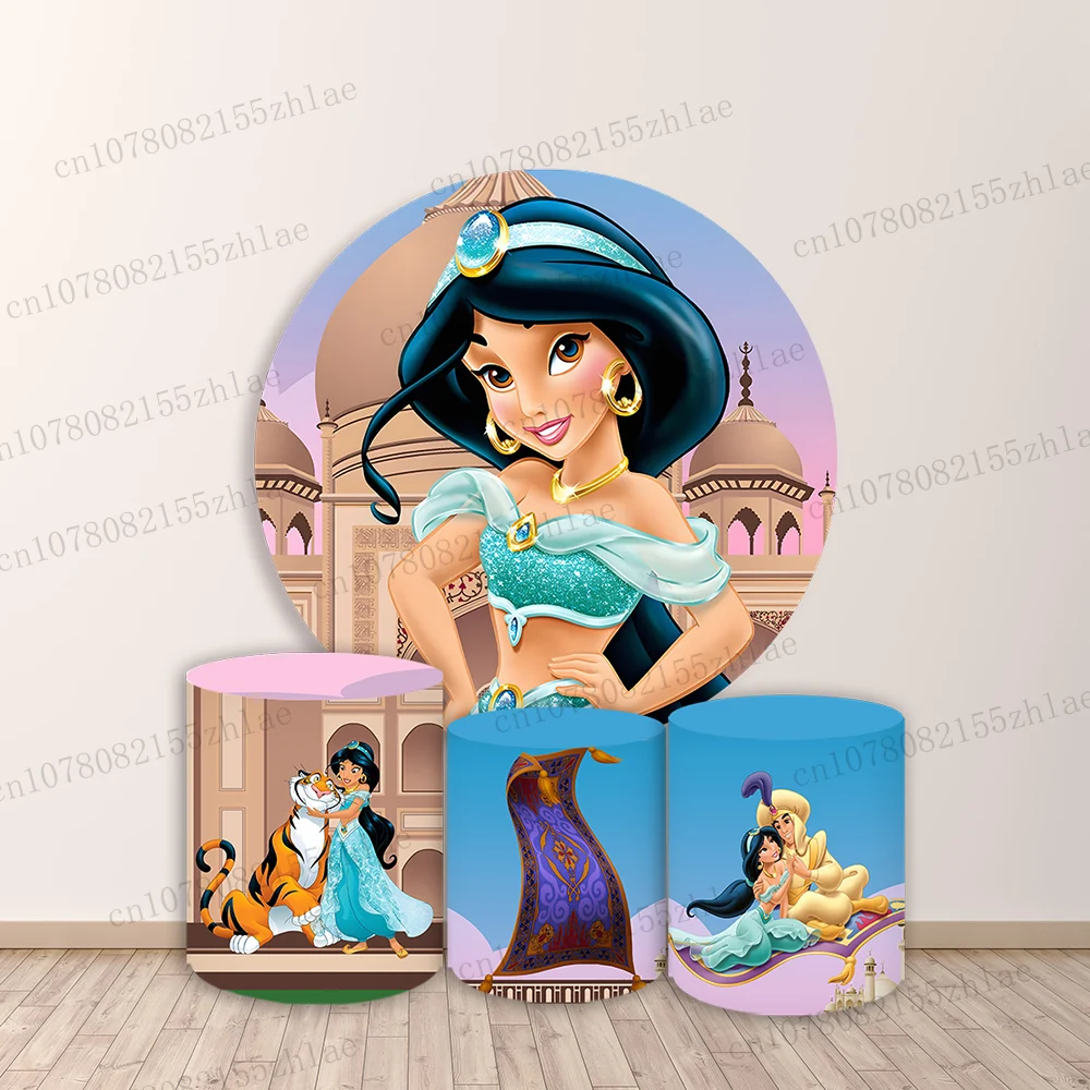 

Aladdin Jasmine Birthday Party Photo Backdrop Baby Shower Photography Backdrop Round&Cylinders Plinth Covers Banner