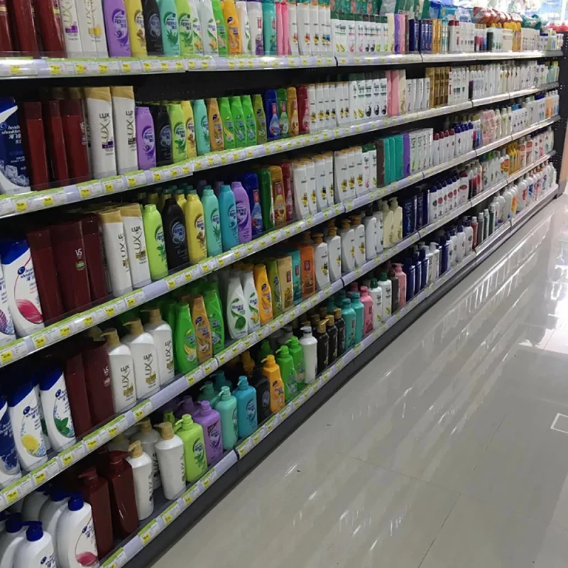 custom.Customized Double-Sided Heavy Duty Metallic Display Rack Supermarket and Convenience Store Shelving