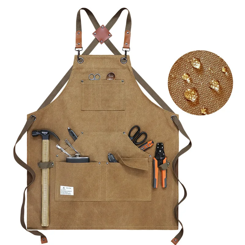 Thick Canvas Waterproof Apron Multi-pocket Cross Back Artisan Tool Apron Woodworking Coffee Shop Gardening Waist Work Apron