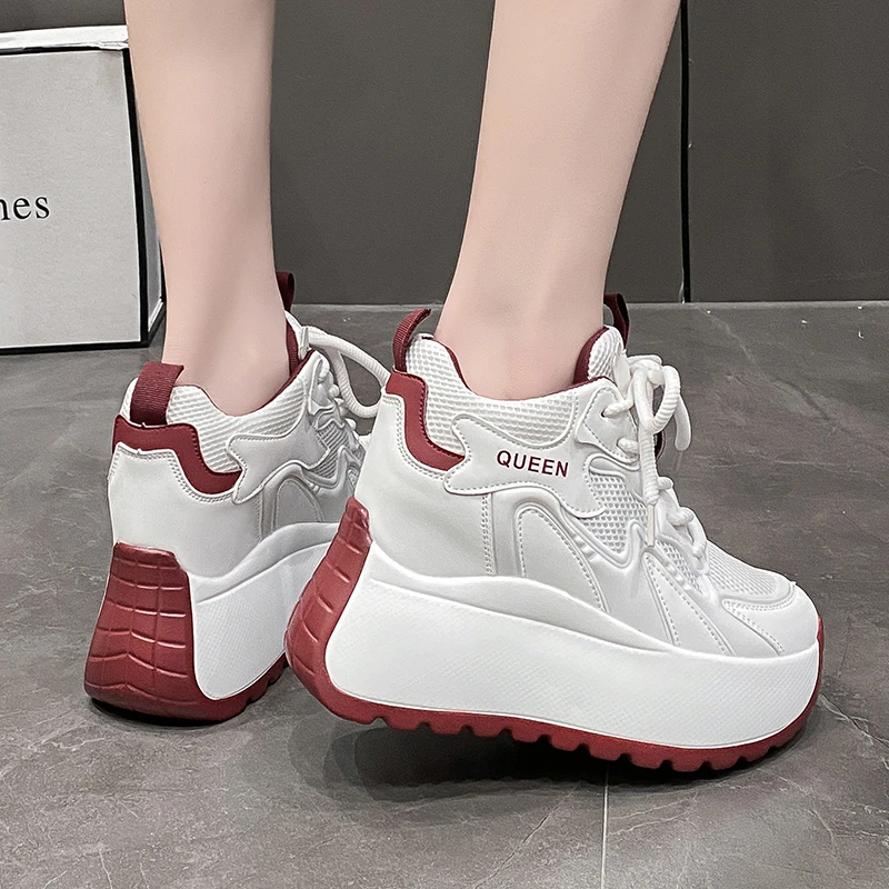 

Женские повседневные кожаные кроссовки 10 см, осенние туфли на высокой платформе со шнуровкой, спортивная обувь для папы на толстой подошве, женские кроссовки Chaussure Femme