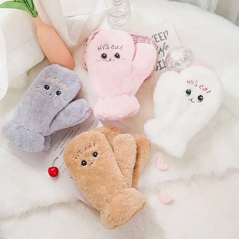 Fashion Japanese Winter Warm Lovely Plush Cat Mittens Fullfinger Thermal Rabbit Fur Gloves for Women Girls Kawaii Thicken Gloves