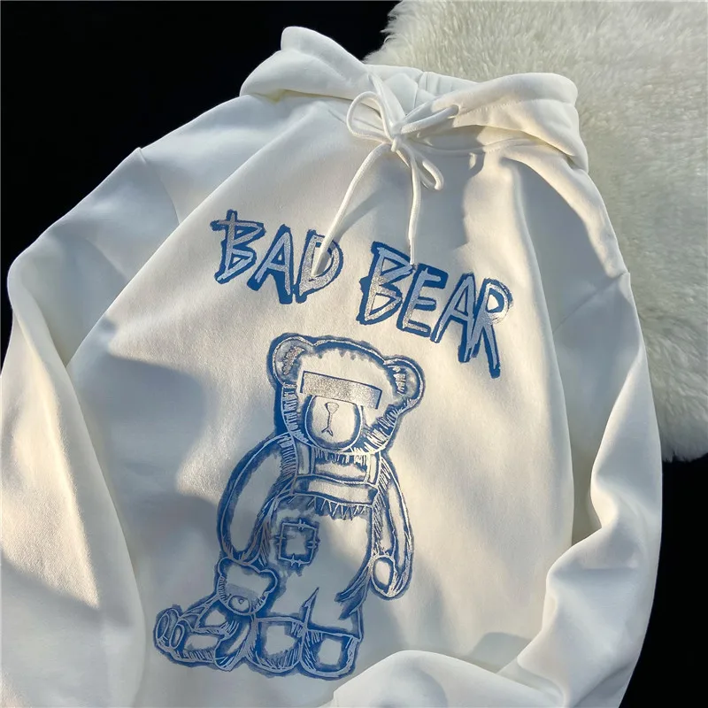 Retro Bear Hooded Sweater Women's Winter Fleece Thickening Loose Lazy Wind Bf Couple Pullover Top Women's Hoodie Y2k