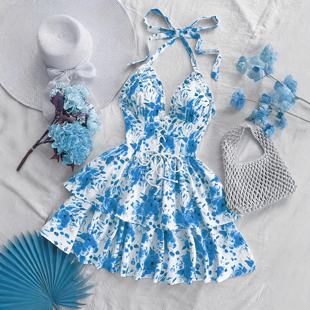 Women Backless Dresses Print Drawstring A Line Dress Mini Lenth Strapless Sleeveless Waist Cinch Slim Holiday Casual 2026 Summer
