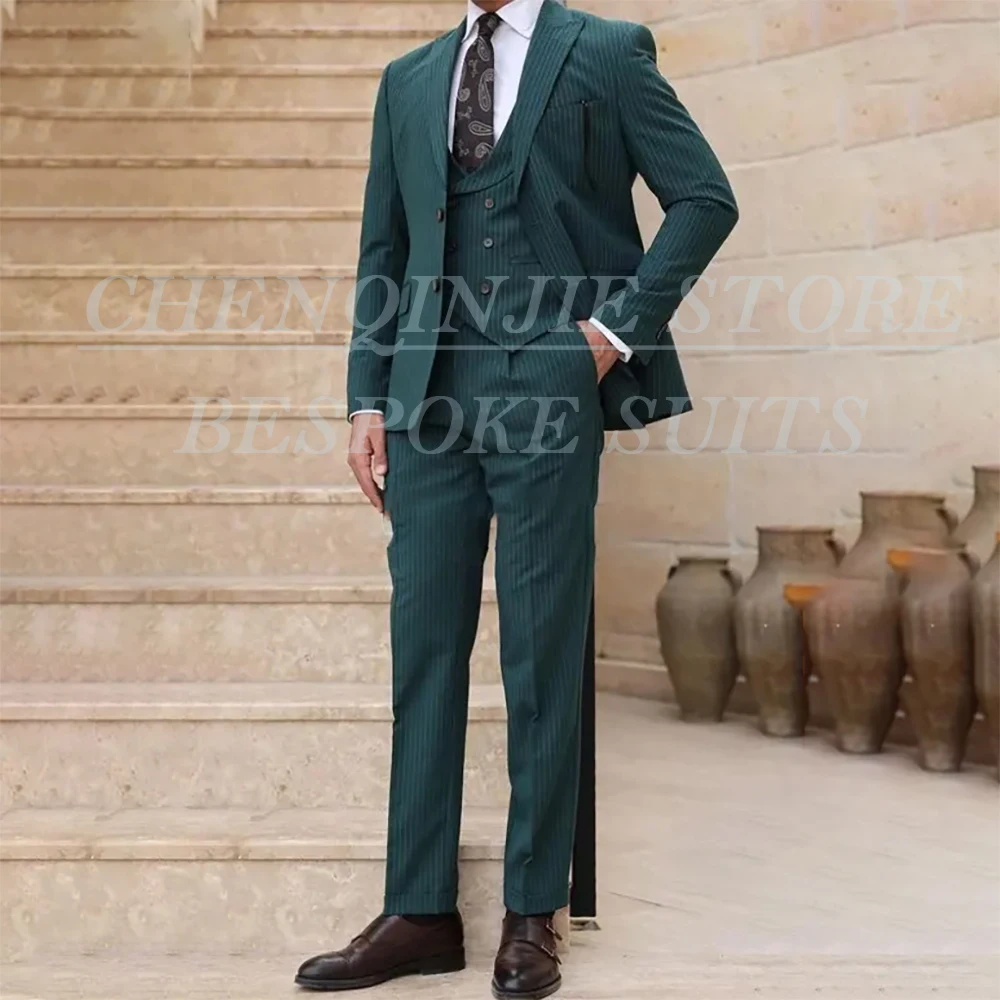 

Green Pinstripe Men's Suits 3 Piece Jacket Pants Vest High Quality Single Breasted Peak Lapel Skinny Wedding Male Clothing Sets