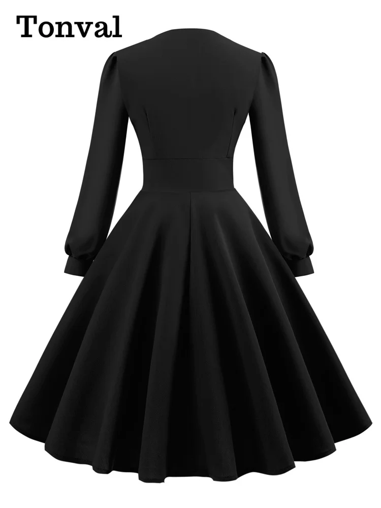 Tonval V-Neck Button Front High Waist Long Bishop Sleeve Women Elegant Autumn Clothes Green Solid Vintage Ladies Swing Dresses