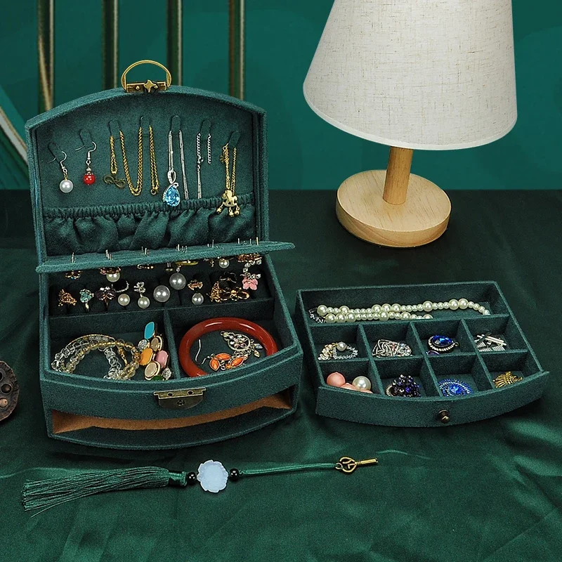 Lbarley 2025 New Velvet  Wooden Double Layer Jewelry Box With Lock 2 Layers Necklace Holder