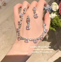 Sparkling Pink Cubic Zirconia 925 Silver Wedding Jewelry Sets for Women Temperament Engagement Banquet Fine Necklace/Earrings