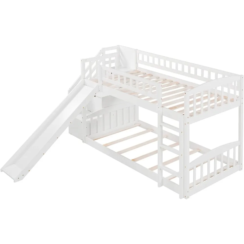 Beliche com slide duplo sobre beliche baixo duplo com gavetas de armazenamento escada beliche de madeira para crianças meninos meninas