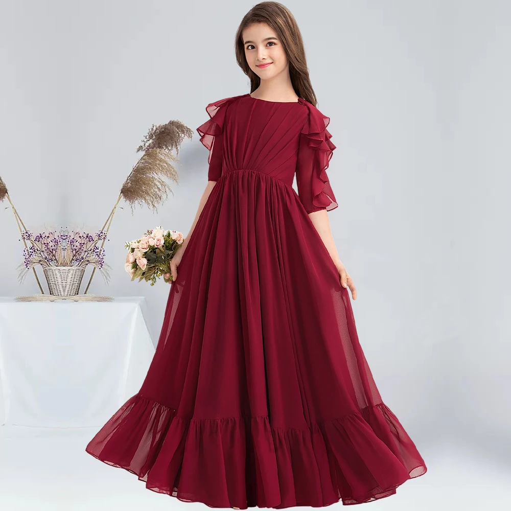 

A-line Scoop Neck Floor-Length Chiffon Junior Bridesmaid Dress with Cascading Ruffles Burgundy Flower Girl Dress for Weddings