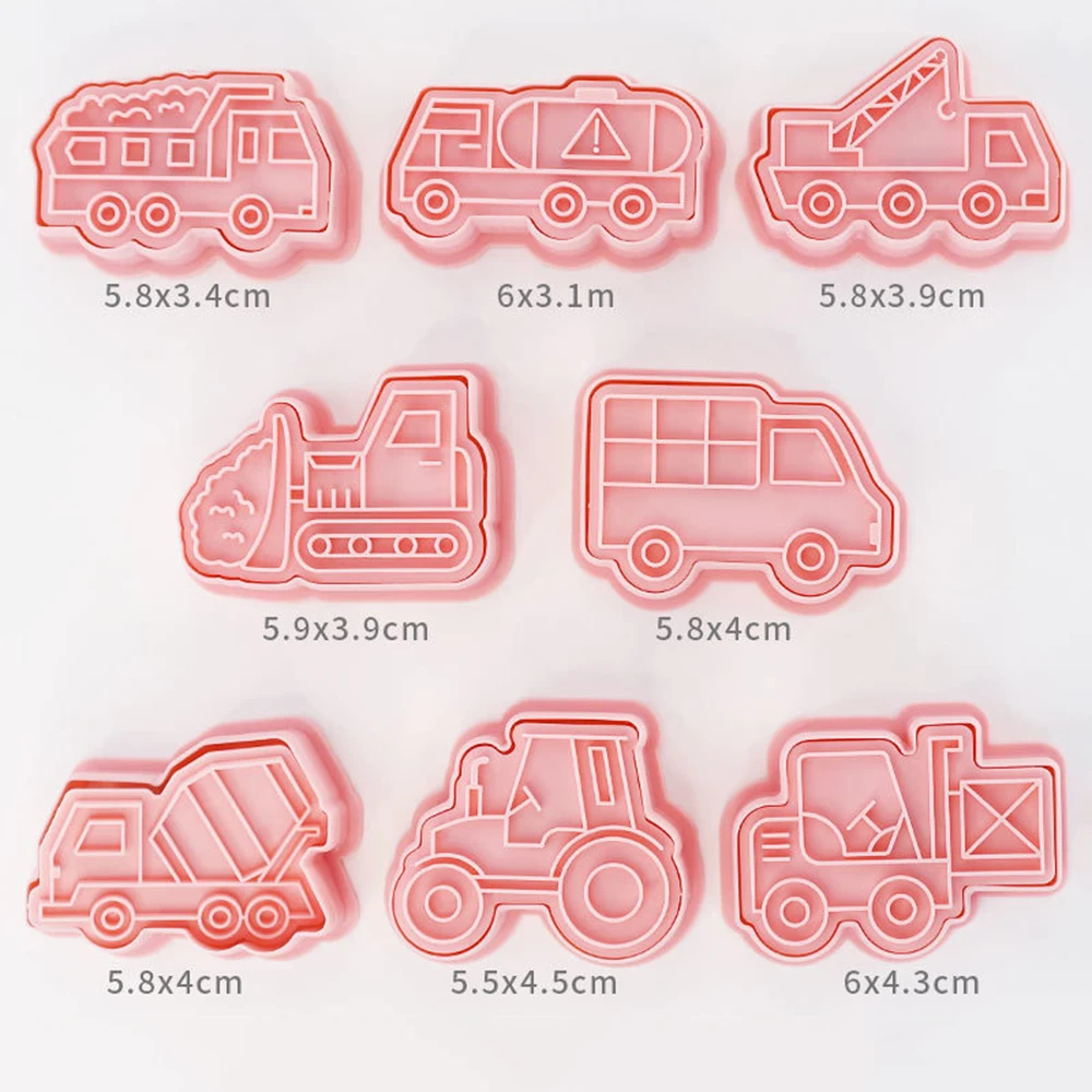 8Pcs Traffictool Cars Cookie Cutters Plastic Embosser Cookie Molds Kids Birthday Party Baking Stamp Decor Supplies Baby Shower