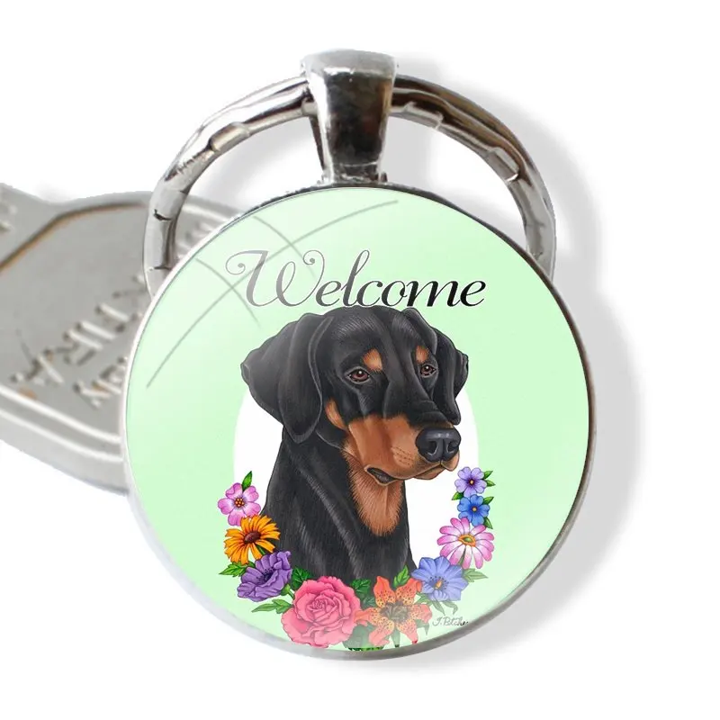 Keychain Handmade Glass Cabochon Key Ring Holder Pendant Key Chains black Dachshund Doberman Dog face