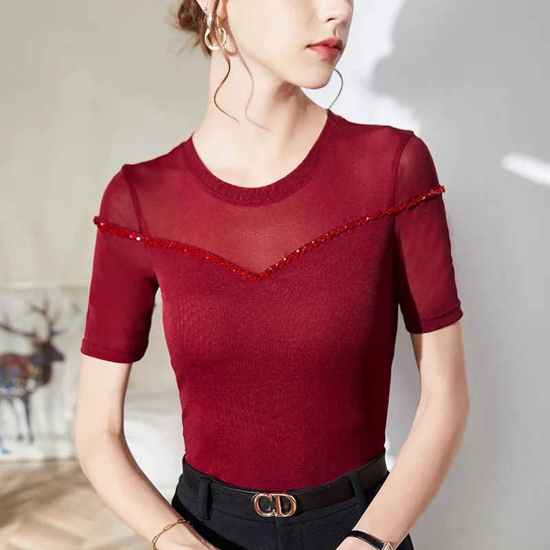 M-5XL New 2024 Summer Short Sleeved Bead Mesh T-Shirt Elegant Slim Elastic Mesh Women Tops Blusas