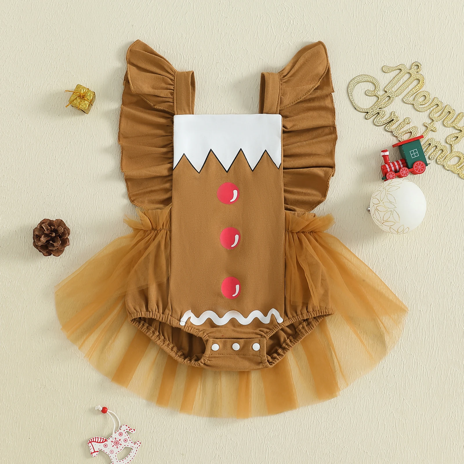 

Tregren 0-18M Infant Baby Girl Christmas Romper Classic Ruffle Sleeveless Tulle Hem Bodysuit Newborn Gingerbread Costume