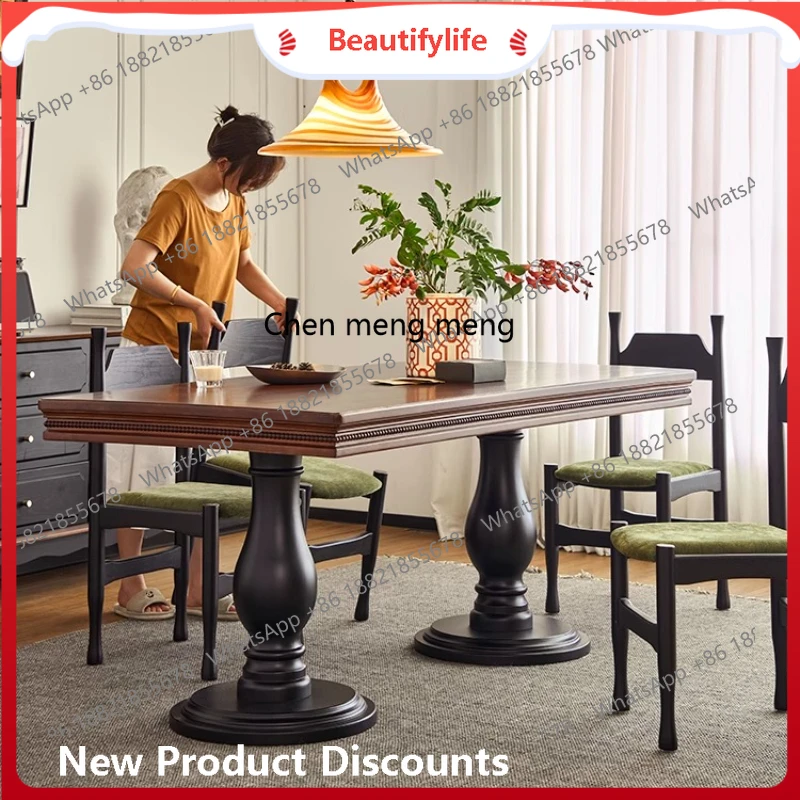 

French retro solid wood dining table and chair combination small apartment household rectangular large board table H