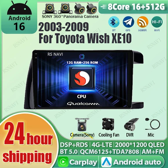 Rádio Automotivo Android 16 Carplay Auto Qualcomm com Tela QLED 2K para Toyota Wish XE10 2003-2009, DSP Estéreo, Bluetooth, 4G, Navegação e Wi-Fi