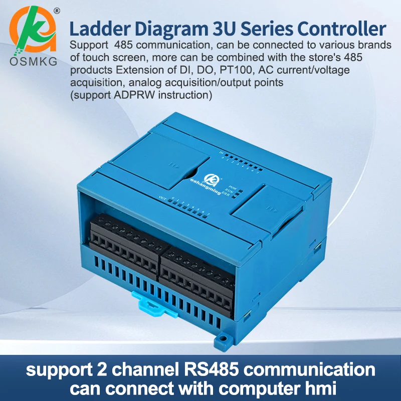 PLC (Programmable Logic Controller) with 8 inputs and 8 relay outputs, PLC with RS232, RS485, Modbus, and RTU systems.