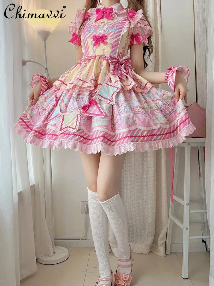 Sweet and Cute Girls Lolita Dress Sets 2024 Summer New Short-sleeved Student Shirt Jsk Short Strap Dress Kawaii Women\'s Outfits
