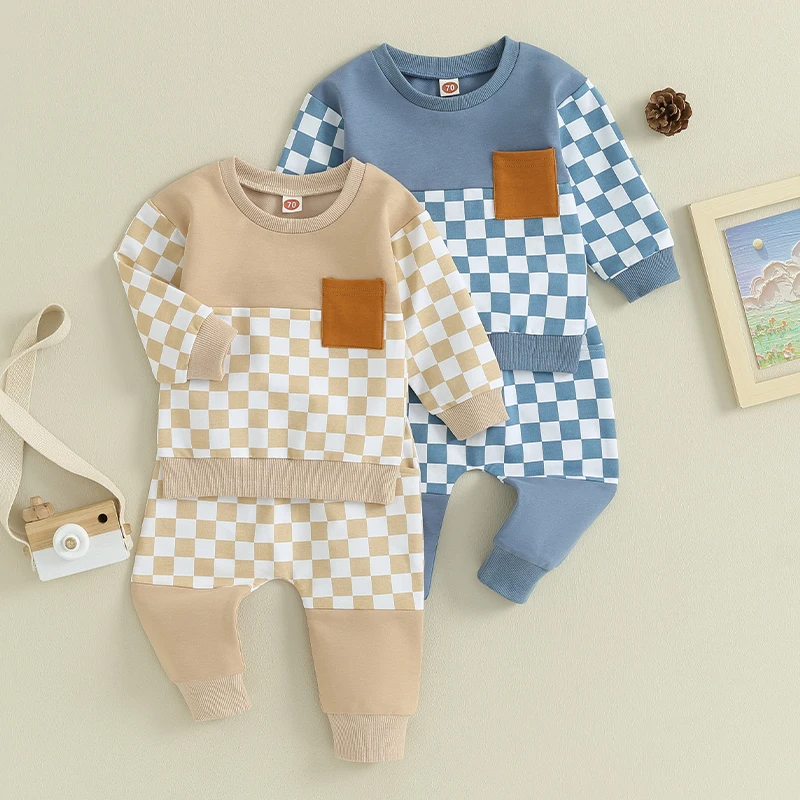 2023-08-01 Lioraitiin 0-3T Baby Boy Clothes Outfits Plaid Long Sleeve Pocket Sweatshirt and Elastic Pants Toddler Fall Clothes