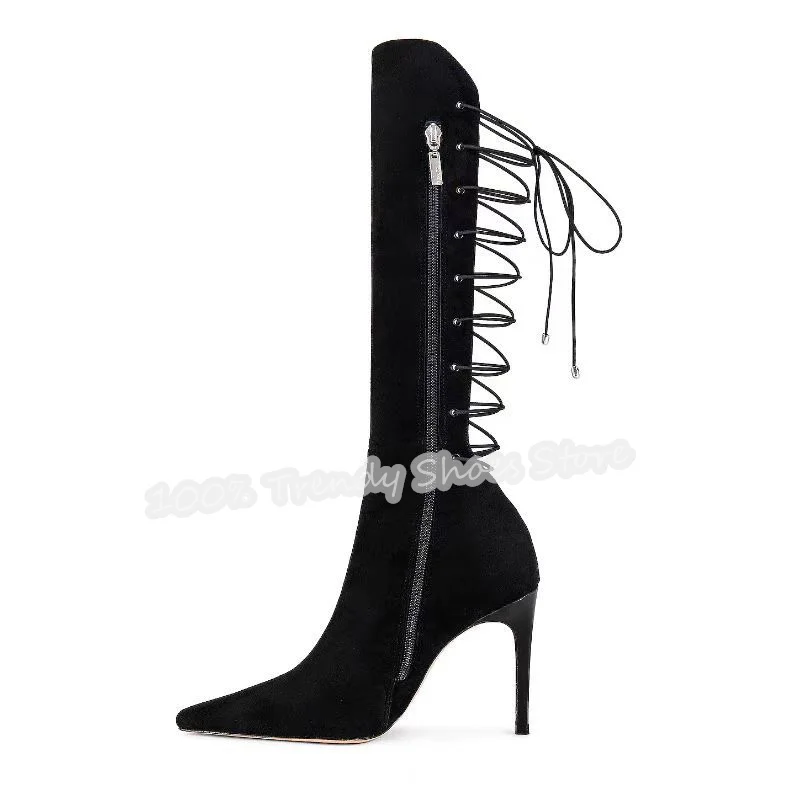 

Women Suede Leather Lace-Up Stiletto Knee High Boots Pointed Toe High Heel Side Zipper Autumn Long Boots Luxury Lady Dress Shoes